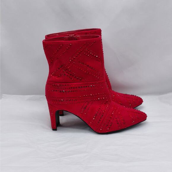 Impo Virgie Red Rhinestone Ankle Boots Women 6M Pointed Toe Heel Zip Maximalist - Picture 1 of 10